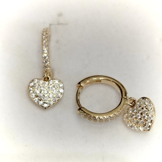 Orecchini Argento 925 placcato oro, pendente a cuore con cristalli